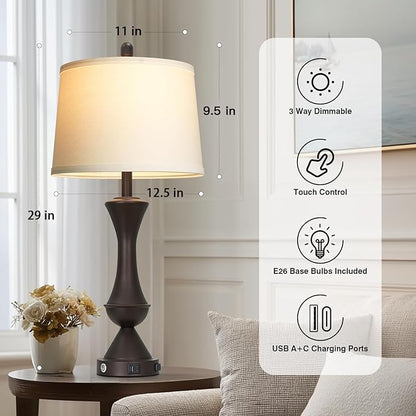 29" BrownTall Table Lamps for Living Room, Touch Control Bedroom Lamp with USB A+C Ports, 3-Way Dimmable Bedside Table Lamps Set of 2, Modern Metal Lamp for Nightstand