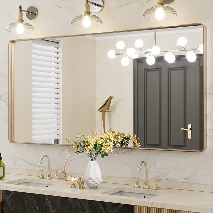 LOAAO 60”X30” Gold Bathroom Mirror, Rounded Rectangle Gold Frame Mirror