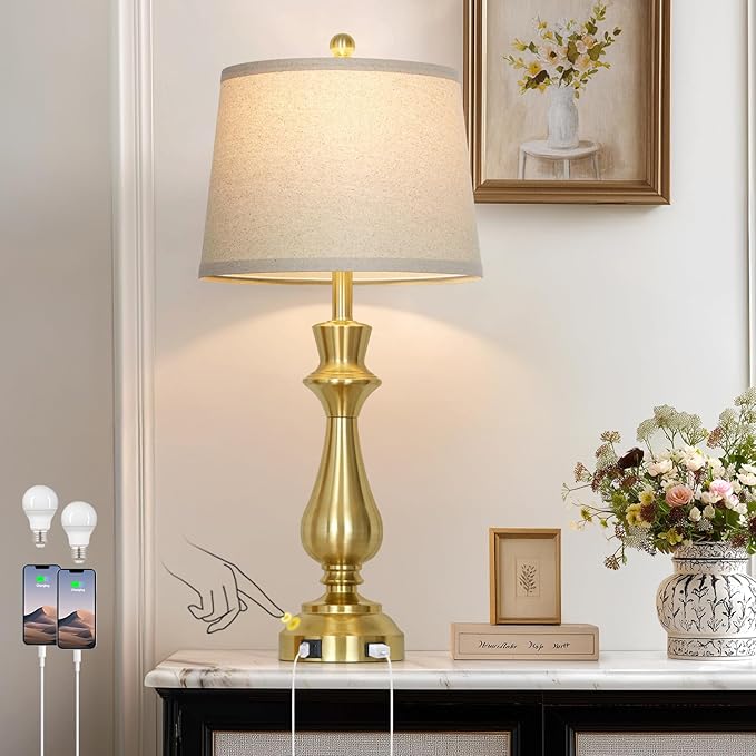 Modern Gold Table Lamp for Living Room,30" Tall Bedside Lamp with USB Charging Port,3-Way Dimmable Touch Nightstand Lamp for Bedroom Desk Side Table Office,Gold-1P