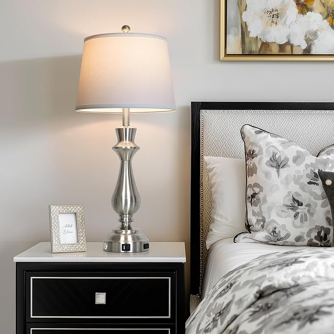 Modern Silver Table Lamps Set of 2 for Living Room,30" Tall Bedside Lamp with USB Charging Port,3-Way Dimmable Touch Nightstand Lamp for Bedroom Desk Side Table Office,Silver