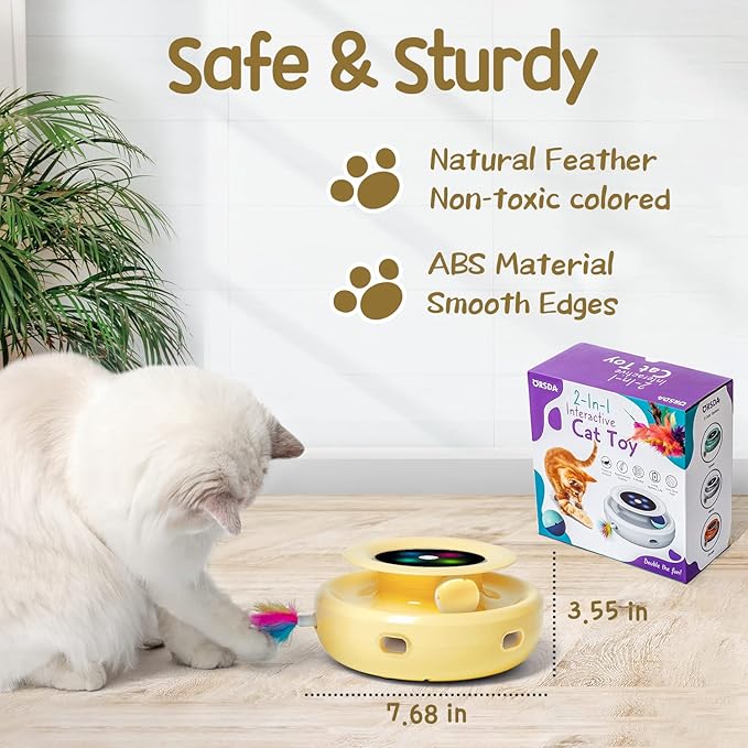 ORSDA Cat Toys 2-in-1 Interactive Cat Toys for Indoor Cats, Automatic Cat Toy Balls, Ambush Feather Kitten Toys with 6pcs Feathers, Dual Power Supplies, Adjustable Speed, Auto On/Off