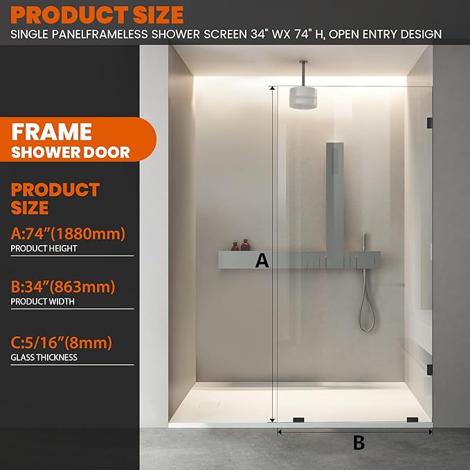 Bathroom Shower Glass Door 34 * 74"