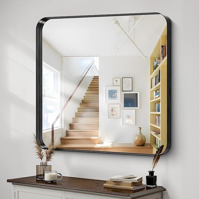CIRCUMI Black Bathroom Mirror, Rounded Corner, Tempered Glass, Mirror