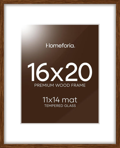 Homeforia 16x20 Picture Walnut Frame, High End Dark Oak 16x20 Wooden Brown Frames with Mat 11x14, 16 x 20 Wood Poster Frame Matted to 11 by 14, 20x16 Hanging Frames, Tempered Glass, Wall Kit, Set of 1