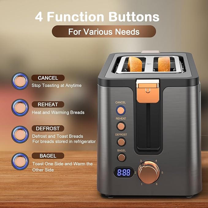 Mecity Toaster 2 Slice Stainless Steel Body Timer, Bagel/Defrost/Reheat/Cancel