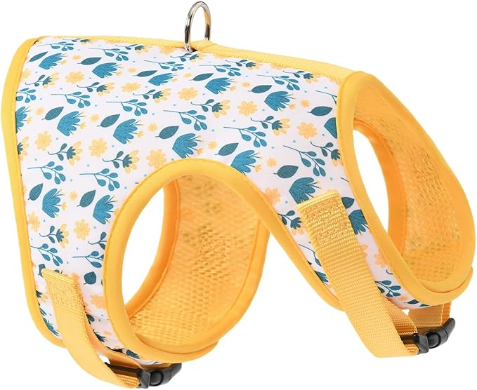 Mile High Life Dog Harness, Air Mesh Floral Vest Harness for 20 lbs Small Dogs & Cats, Easy Get on Adjustable Easy Closures Both Neck and Chest(Yellow Flower, M Chest 18"-20")