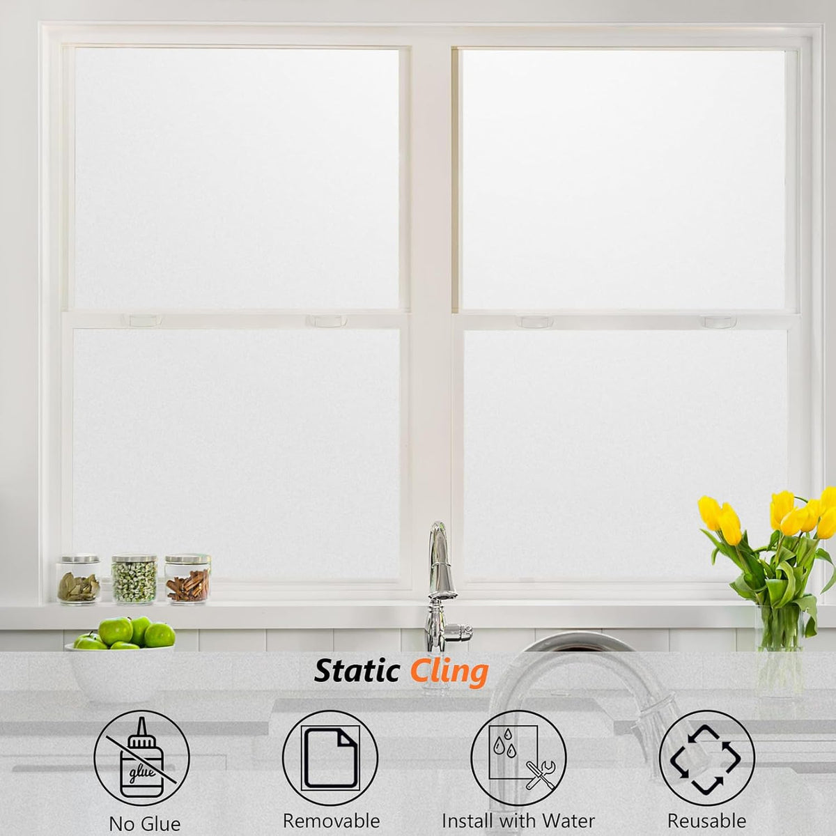 Kromapolis Window Privacy Film Frosted Glass Window Film, Heat Blocking Privacy Film for Glass Windows, Static Cling Non-Adhesive Frosting Window Stickers for Door Home (Frosted, 17.5 x 157.4 inch)