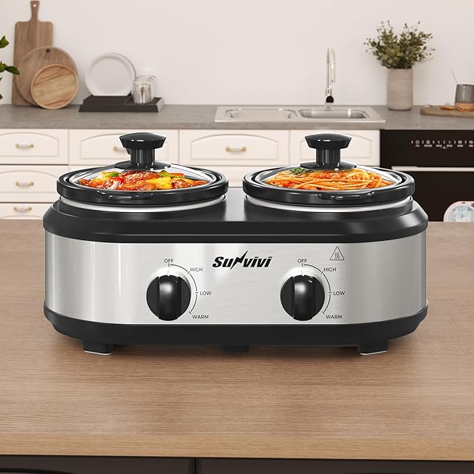 Sunvivi Dual Slow Cooker, Buffet Server and Food Warmer, Small Mini Pot