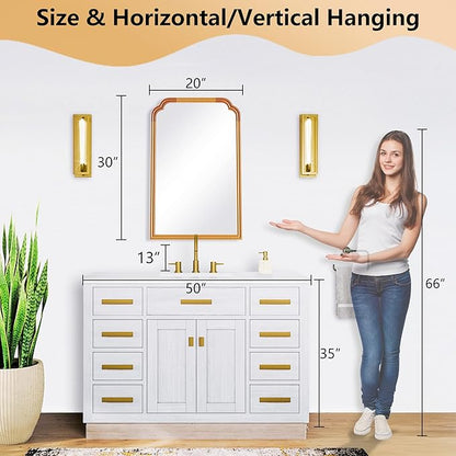 Wood Frame Wall Mirror for Bathroom, Rounded Corner Arch Rectangle Mirror for