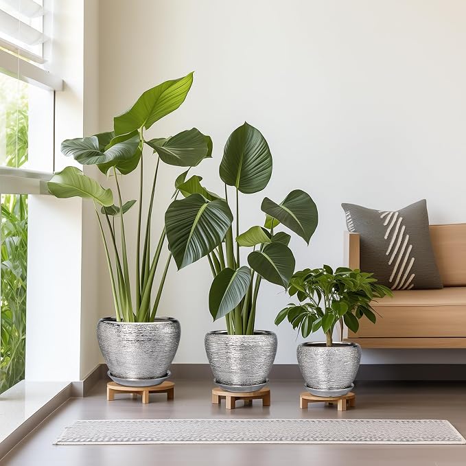 Ceramic Planters - 10 Inch 8 Inch 6 Inch Plant Pots Indoor with Drainage Holes and Saucer Mid-Century Large Planters Outdoor Flower Pots for Home Decor Set of 3 Silver