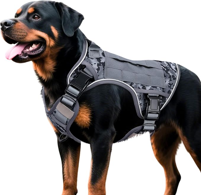 Heavy-Duty Tactical Dog Harness for Large Dogs, No Pull Adjustable Reflective Pet Vest with Molle System, K9 Military-Grade Control for Service Training, Outdoor & 10+ Breeds, Gray Camo, X-Large