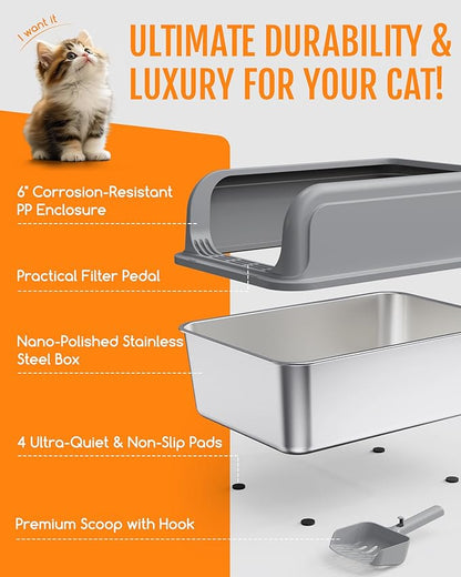 Powools Stainless Steel Cat Litter Box, Metal Litter Box with Scoop, High- Sided, Anti-Leakage Top Entry, Non-Sticky, Easy to Clean, 8-Inch Splash-Proof Deep Pan, Grey, XXL (1 Pack)