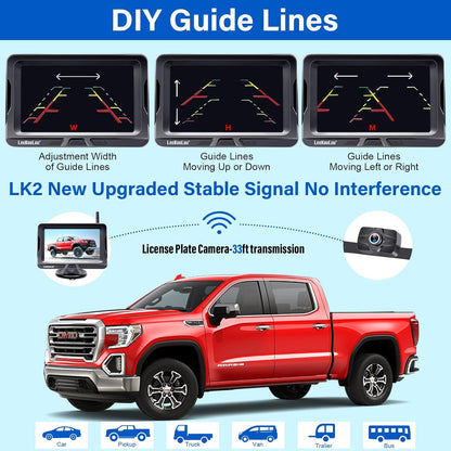 Wireless Backup Camera Ease Install - Color Image HD 1080P 5 Inch Monitor Digital Signal Stable No-Delay Bluetooth Rear View Camera Auto-Switching Night Vision for Truck/Car/Pickup/SUV/Camper - LK2