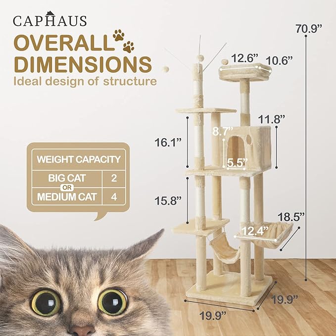 CAPHAUS Tall Climbing Modern Indoor Play Tower for Large Cats Kittens, 70-Inch with Top Perch, Cat Cave Condo, Cat Tree w Hammock, Multi-Level Cat Activity Tree w Cute Scratching Posts