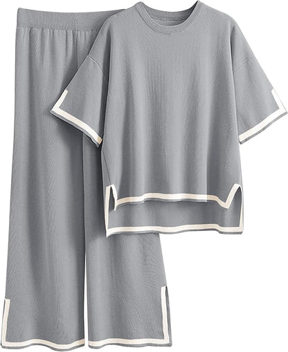 Faleave Womens Knit 2 Piece Sweater Sets Short Sleeve Pullover Tops Elastic Waist Wide Leg Pants Lounge Set