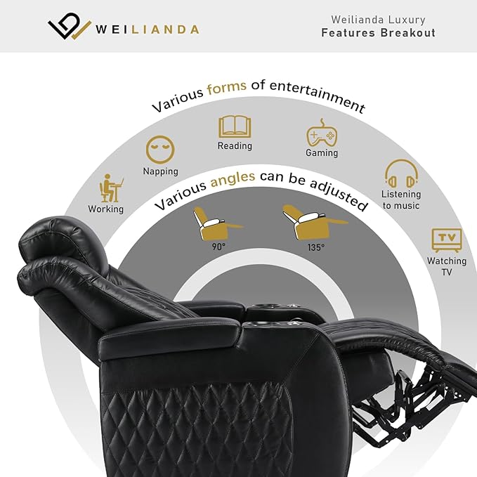 Weilianda Home Theater Seating Top Grain Leather Zero Gravity Recliner Chair Power Headrest Recline Movie Seat Gaming 7 Colors Mood Light Sofa with Tray Table USB Charge Row of 5 Loveseat Left Black