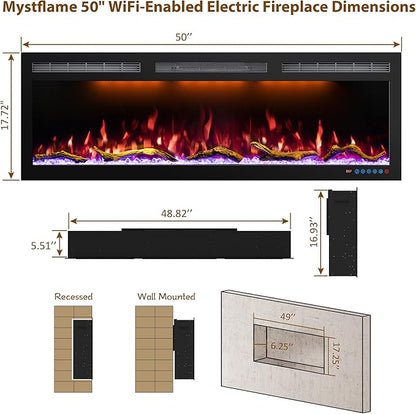 50 Inch WiFi-Enabled Electric Fireplace Inserts & Wall Mounted, Recessed