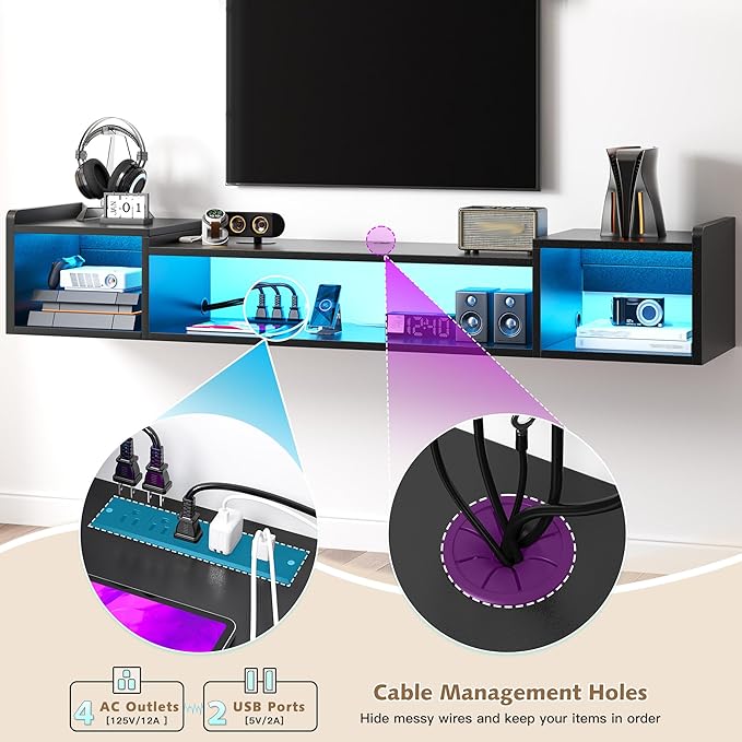 70.9"W Floating TV Stand with LED Lights & Power Outlets