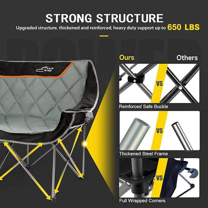 FAIR WIND Oversized Fully Padded Camping Chair Folding Loveseat Camping Couch Double Duo Chair Heavy Duty Quad Fold Arm Chair with Cup Hold - Supports 650 LBS Black