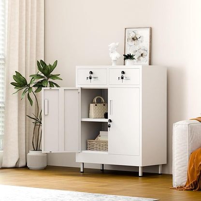 Metal Storage Cabinet with Locking Doors and 2 Drawers, Lockable Storage