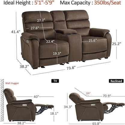 MCombo 73.8'' Wall Hugger Power Loveseat Recliner, Reclining Loveseat with Console, Adjustable Headrest, USB Charge Ports, Cup Holders, for Living Room, RVs, Small Spaces, Fabric ST258M2 (Coffee)