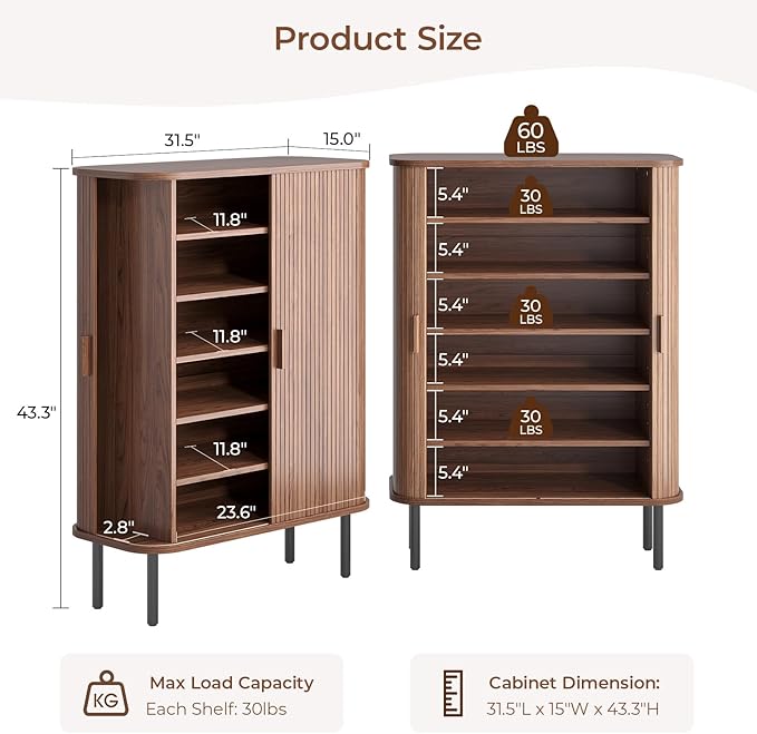 Shoe Storage Cabinet with Adjustable Shelves, 6-Tier Mid-Century Modern Shoe