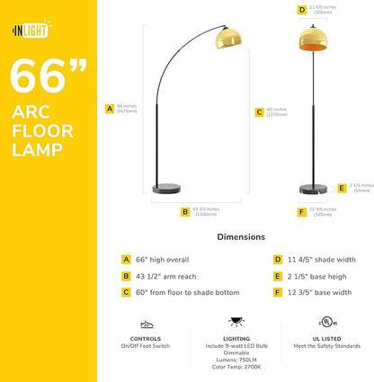 GETINLIGHT Inlight 66" Modern Antique Brass Arc Floor Lamp with Inner Gold Metal Shade and Black Marble Base, Bulb Not Included, IN-0806-1-AG