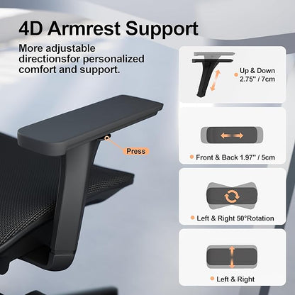 Office Chair Ergonomic Desk Chair, 350 LBS Mesh Office Chair with Lumbar Support, Comfy Desk Chair with Wheels, Big and Tall Chair for Study Work Gaming (04black)