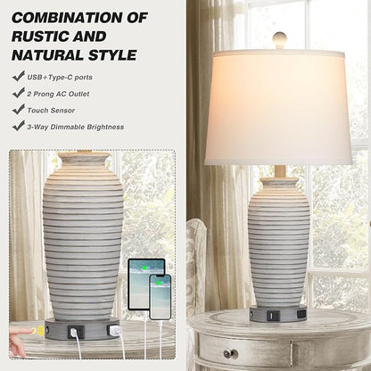 25" Farmhouse Jar Table Lamps Set of 2, 3 Way Touch Control Rustic Bedside Lamps with USB A+C Ports & AC Outlet, Pot Nightstand Lamps for Bedroom Living Room (LED Bulbs Included)