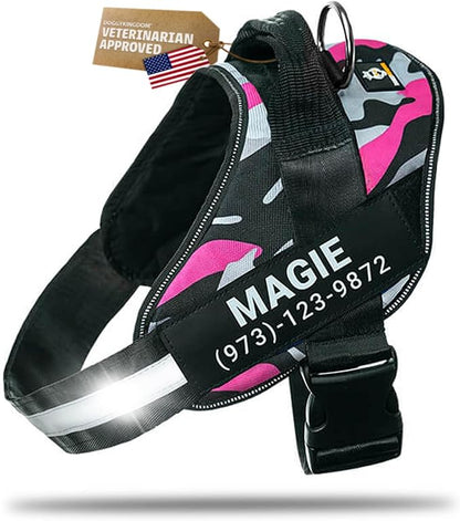 Personalized Dog Harness with Custom Name Patches, Adjustable Reflective No Choke Dog Vest with Handle for Large Dogs, Camouflage Pink, L