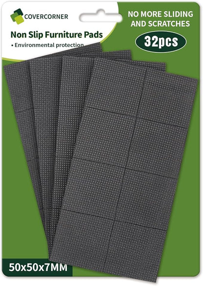 COVERCORNER Non Slip Furniture Pads 32 PCS 2'' Square - Anti Slip Furniture Pads - Self Adhesive Rubber Feet Furniture Feet - Chair Leg Floor Protectors - Keep Furniture in Place