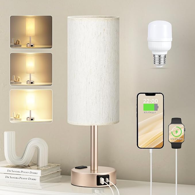 Fenmzee Bedside Table Lamp for Bedroom - 3 Way Dimmable Touch Lamp USB C Charging Ports and AC Outlet, Small Lamp Gold Base Round Flaxen Fabric Shade for Living Room, Desk, LED Bulb Included