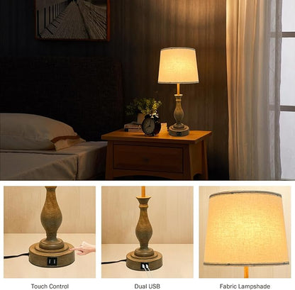 Farmhouse Table Lamp Touch Control 3-Way Dimmable Table Lamp, Modern Nightstand Lamp with 2 USB Port Bedside Desk Lamp with Fabric Shade for Living Room (Pack 1-Beige Shade & Touch)