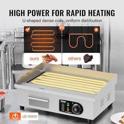 VEVOR Commercial Electric Griddle, 1600W Countertop Half-Flat Top Grill