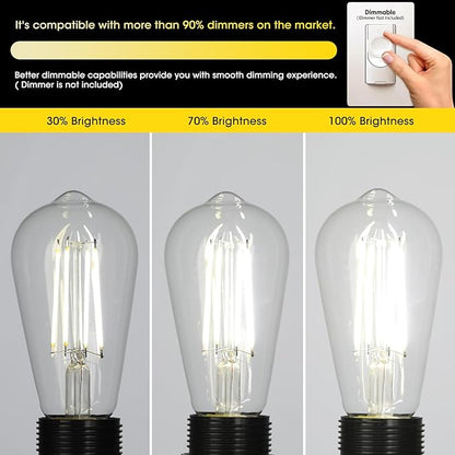 Vintage LED Edison Bulb Dimmable 60W Equivalent 750 Lumens, 6W Edison Light Bulbs Daylight White 5000K, Antique ST58 LED Filament Bulb E26 Base, CRI 90+, Clear Glass, Pack of 16