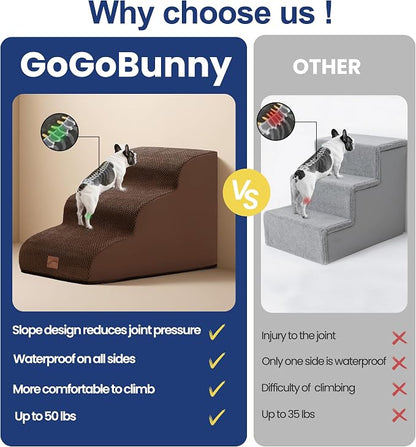GoGoBunny Waterproof High Density Foam Curved Dog Stairs for High Beds Couches 19.7" H, 4-Step Ramp Dog Steps Friendly to Small Medium Dogs or Pets Joints, Non-Slip Balanced Durable Pet Step, Brown