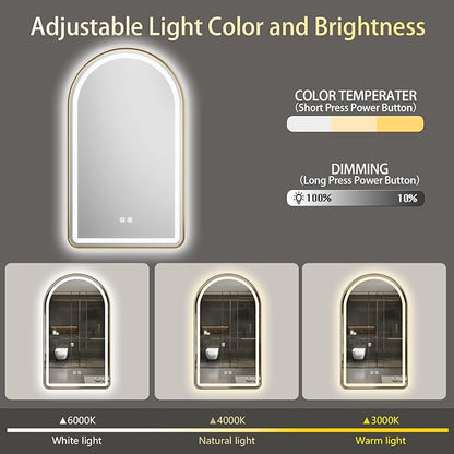 30x40 inch Gold Tempered Glass LED Arched Mirror