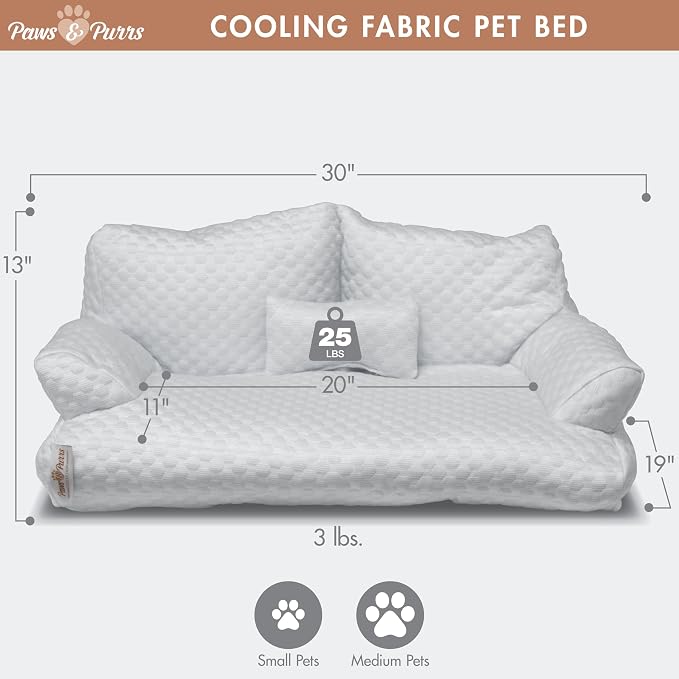 Paws & Purrs Cooling Pet Sofa Bed for Small Dogs or Cats, Breathable Fabric, Supportive Bolsters, Removable Washable Cover, Non-Slip Base, Sofa Pet Lounger Includes Mini Play Cushion, Light Gray