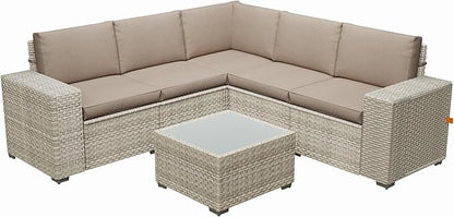 Broivira 6 Piece Patio Furniture Set, 9.8" Wide Arm Sectional Sofa with Storage Armrests, All-Weather Rattan Outdoor Conversation Set for Garden, Porch, Lawn, Backyard, Balcony, Khaki