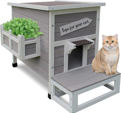 Rockever Outdoor Cat House, Large Outdoor Houses for Feral Cats Wooden Outside Cat Shelter Weatherproof with Escape Door