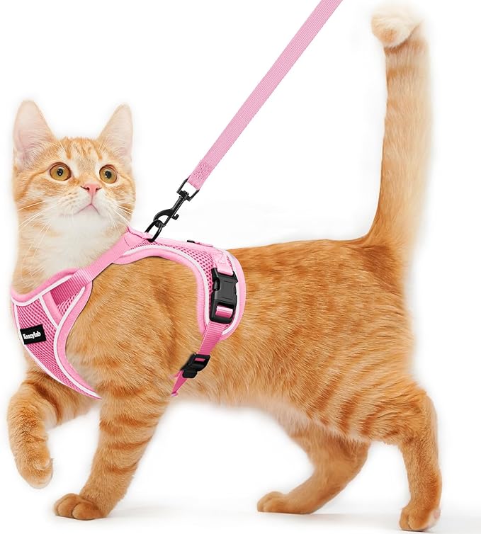 Cat Harness and Leash for Walking Escape Proof Soft Adjustable Cat Leash Breathable Comfortable Vest Easy to Wear Kitten Harness for Outdoor Travel Pink M