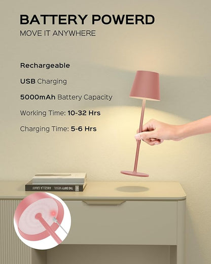 Cordless Table Lamps Rechargeable, 3 Adjustable Height, 5000mAh Battery Operated, 3 Colors Smooth Dimming, Portable LED Waterproof Table Lamp for Dining, Bedroom, Outdoor (2 Pack-Girly Pink)