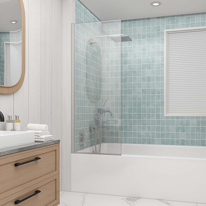 Sunrosa 24"×60" Bathtub Glass Panel, 8mm Thick Shower Screen, Brushed Nickel