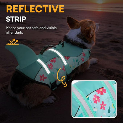 Dog Life Jacket, Dog Life Vest for Swimming, Doggie Shark Swimming Vest with Rescue Handle, Adjustable Reflective Pet Lifesaver Preserver for Small Dogs, Blue Flower XS
