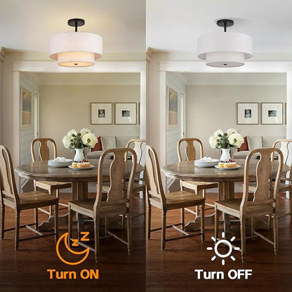 18 Inch Large Semi Flush Mount Ceiling Light Fixture with Dual Drum Design, Farmhouse Fabric Linen Shade for Bedroom, Living Room, Kitchen, and Dining - Modern Chandelier Lamp