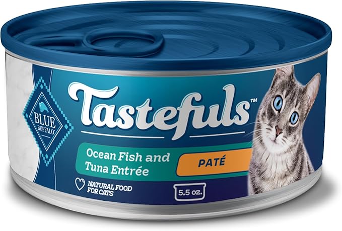 Blue Buffalo Tastefuls Wet Cat Food Paté, Made with Natural Ingredients, Ocean Fish and Tuna Entrée, 5.5-oz Cans (24 Count)