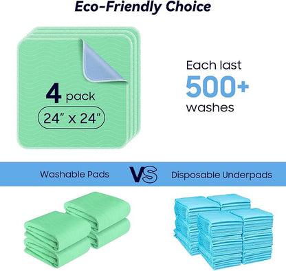 4 Pack 24” x 24” Extra Heavy Absorbency Washable Underpads Bed Pads | WaterProof Nursing Pads Incontinence, Reusable Washable Pee Pads for Dogs, Diaper Changing & Adults, Washable Puppy Pads