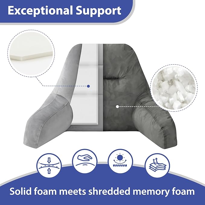 IASEAHK Reading Pillows for Sitting in Bed Adult, Back Pillow for Bed Sitting Up, Backrest Pillows with Shredded Foam for Adult&Teens, Support Pillow with Arms for Beds, Couch, Floor, 20in, Grey