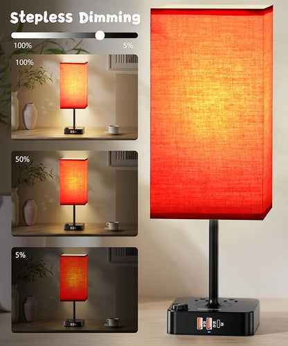 Bluetooth/WiFi RGB & USB Bedside Table Lamp with 3 USB Charging Ports 2 Outlets Power Strip, LED Light Bulb Dimmable, Music Sync Color Changing Light (RGB - Red Shade)