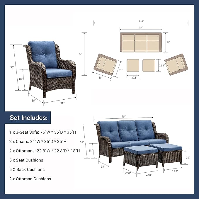 Rilyson Outdoor Furniture Set, 5-Piece Patio Rattan Wicker Sectional Sofa Set with 3-Seat Couch, 2 Armchairs, 2 Ottoman Footrests for Patio Conversation (5 PC,Brown/Blue)